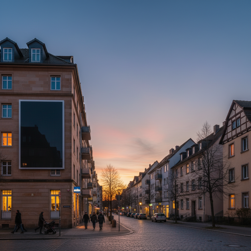 Abenddämmerung in einer deutschen Stadt – ein LED-Display ist gedimmt und respektiert die natürliche Dämmerungsphase