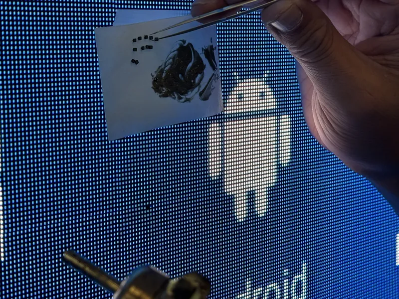 SMD LED Komponenten werden mit Pinzette auf dem Display-Modul platziert