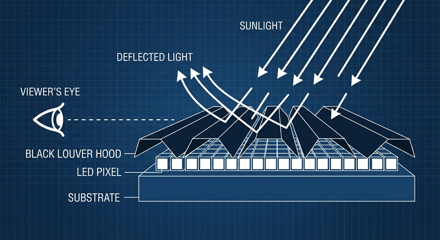 Technisches Diagramm: Louver-Struktur bei LED Displays — Sonnenstrahlen werden nach oben reflektiert