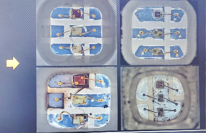 Rohe Mikroskopaufnahme: Vergleich 4 SMD-Pakete Gold Wire vs. Copper Wire