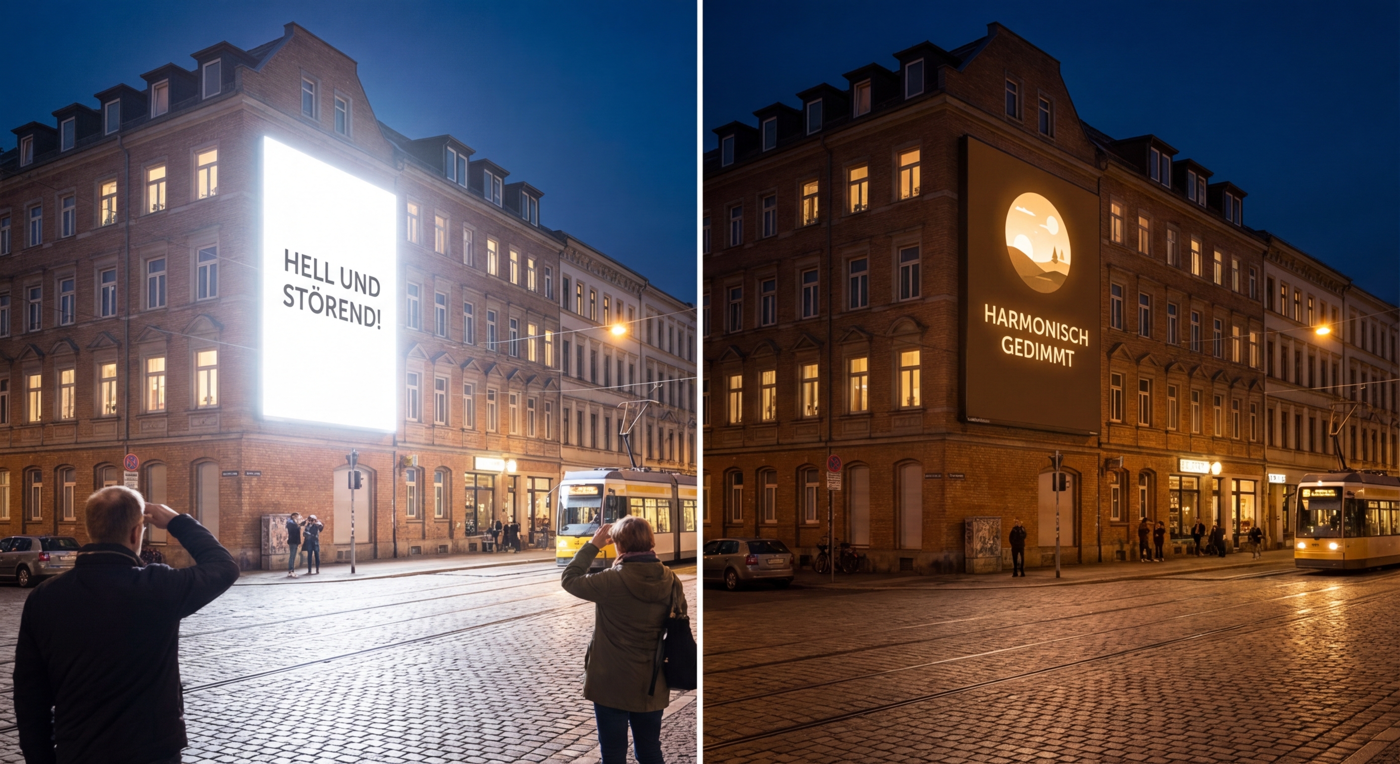 Vergleich: Nicht-konformes vs. LAI-konformes LED Display bei Nacht – Visualisierung