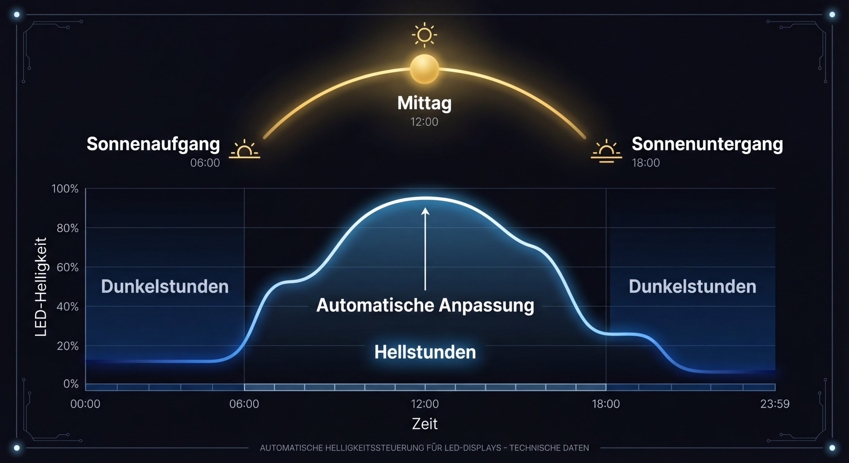 Automatische Helligkeitskurve eines LED Displays über den Tagesverlauf – Visualisierung der LAI-Anforderungen